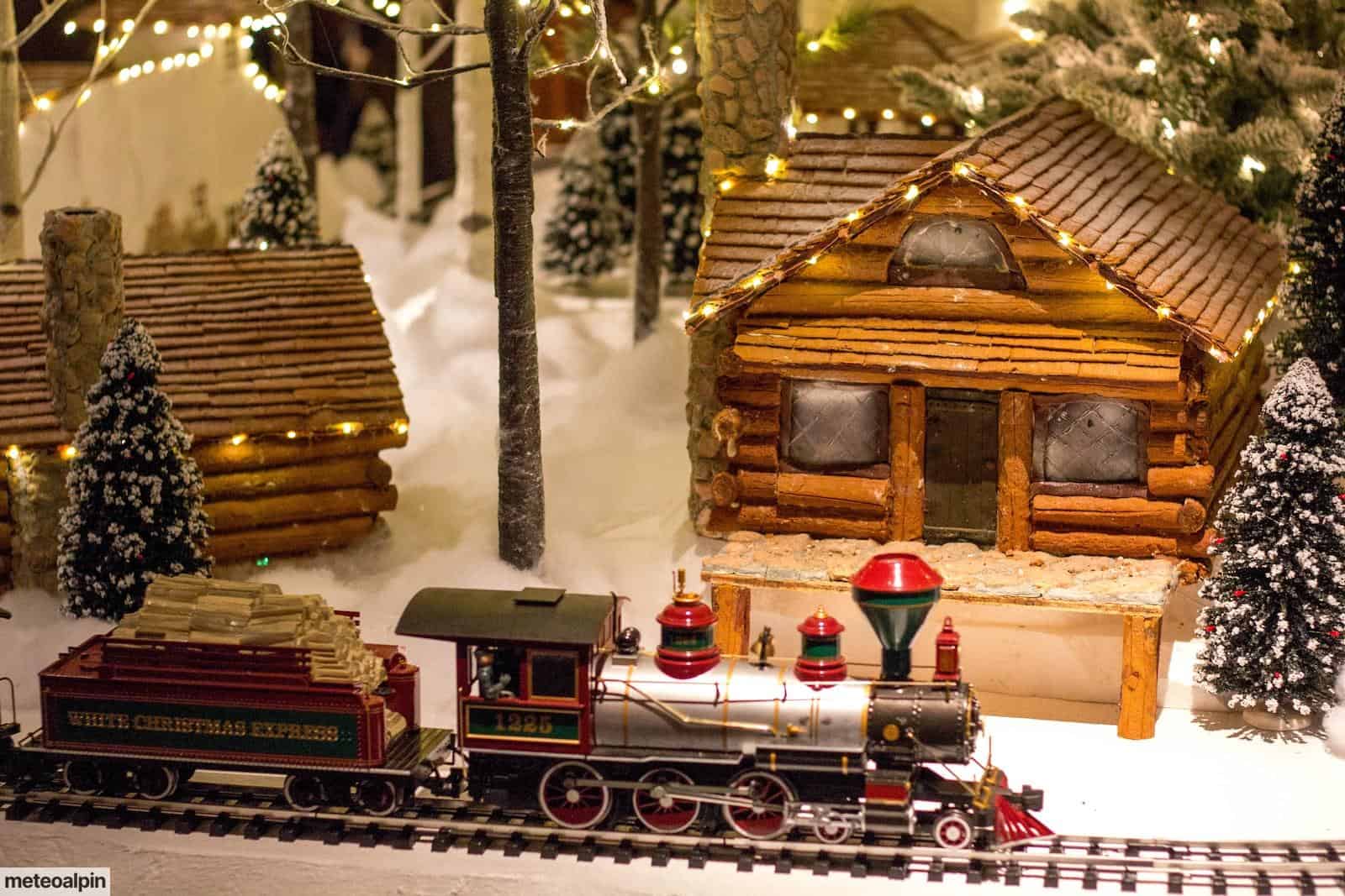 multicolored train toy near house