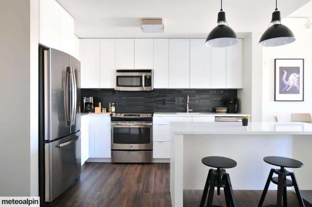 gray steel 3-door refrigerator near modular kitchen